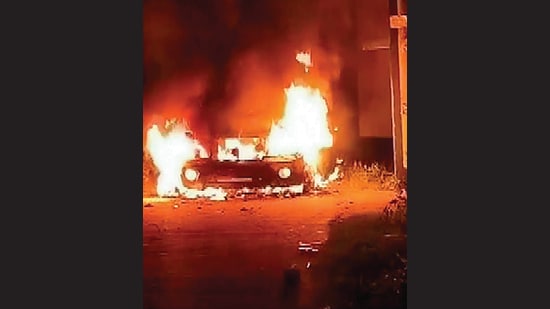 Miscreants set a police vehicle on fire in Murshidabad district on Saturday. (ANI)