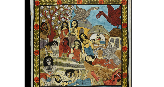 A panel from the patachitra art that accompanies the Bengali poem by the late Dukhushyam Chitrakar, about the Great Bengal Famine of 1769-70. A panel from the patachitra art that accompanies the Bengali poem by the late Dukhushyam Chitrakar, about the Great Bengal Famine of 1769-70.