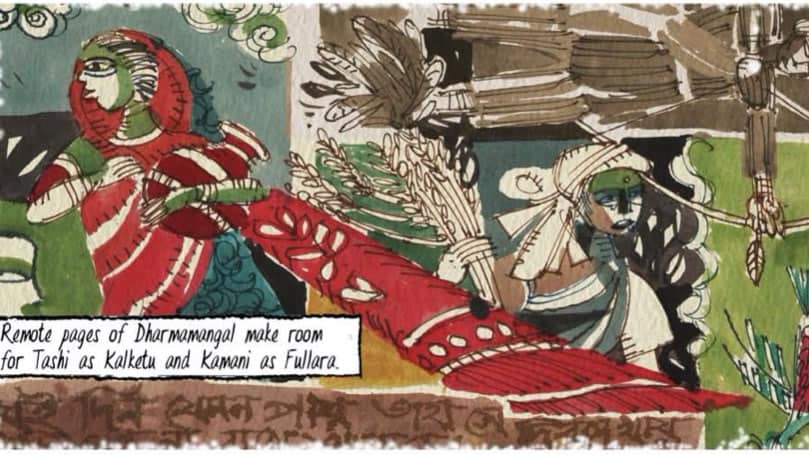 In the fifth tale, comic artist Sarbajit Sen recreates the Bengali oral narrative of an impoverished hunter’s wife. In the fifth tale, comic artist Sarbajit Sen recreates the Bengali oral narrative of an impoverished hunter’s wife.