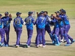 Sri Lanka players celebrate a wicket during the ICC Men's Cricket World Cup Qualifier Zimbabwe 2023 final match between Sri Lanka and Netherlands