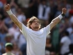Russia's Andrey Rublev celebrates after winning his fourth round match against Kazakhstan's Alexander Bublik