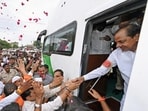 Telangana CM KCR being welcomed by supporters in Solapur on Monday. Telangana CM KCR being welcomed by supporters in Solapur on Monday.