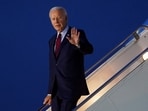 U.S. President Joe Biden disembarks Air Force One as he visits Britain, at Stansted Airport, Britain.
