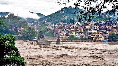 A temple submerged in the swollen Beas river in Himachal Pradesh’s Mandi district on Sunday. (PTI) A temple submerged in the swollen Beas river in Himachal Pradesh’s Mandi district on Sunday. (PTI)