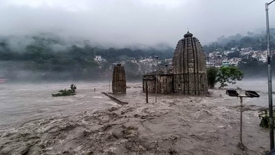 Panchvaktra Temple partially submerged after Beas river swelled up due to heavy rainfall in Mandi on Sunday. (PTI) Panchvaktra Temple partially submerged after Beas river swelled up due to heavy rainfall in Mandi on Sunday. (PTI)
