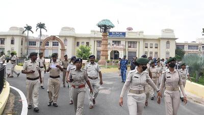 Police personnel march outside Bihar Vidhan Sabha in Patna (Santosh Kumar/ HT) Police personnel march outside Bihar Vidhan Sabha in Patna (Santosh Kumar/ HT)