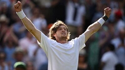 Russia's Andrey Rublev celebrates after winning his fourth round match against Kazakhstan's Alexander Bublik (REUTERS)