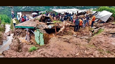 Three members of a family including a couple and their son were reportedly killed after their house collapsed due to a landslide in Panevali village of Kotgarh area. (HT Photo) Three members of a family including a couple and their son were reportedly killed after their house collapsed due to a landslide in Panevali village of Kotgarh area. (HT Photo)