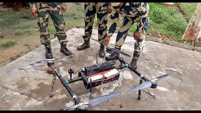 Troops of Border Security Force (BSF) Punjab Frontier and Punjab Police have recovered a Pakistani drone from farming fields, at border village Kakkar in Amritsar on Sunday. (ANI)
