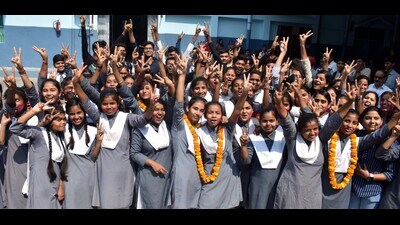 U.P. Board students celebrating their results. (HT File)