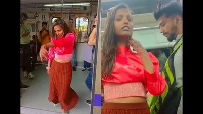 The image shows a woman dancing inside Delhi Metro. (Instagram/@seemakanojiya87) The image shows a woman dancing inside Delhi Metro. (Instagram/@seemakanojiya87)