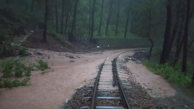 Heavy rain block the Kalka-Shimla track, a world heritage site, where popular toy trains run. (@TTRHimachal/ Twitter ) Heavy rain block the Kalka-Shimla track, a world heritage site, where popular toy trains run. (@TTRHimachal/ Twitter )