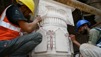 The entire sanctum sanctorum has been aesthetically carved with Makrana marble pillars, beams, ceiling and wall cladding. (Photo by Deepak Gupta/Hindustan Times) The entire sanctum sanctorum has been aesthetically carved with Makrana marble pillars, beams, ceiling and wall cladding. (Photo by Deepak Gupta/Hindustan Times)