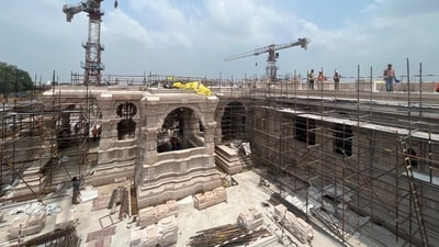 After the completion of the temple foundation, raft and plinth, the placement of Rajasthan's Bansi Paharpur stone on the three-storey temple is in full swing. (Photo by Deepak Gupta/Hindustan Times) After the completion of the temple foundation, raft and plinth, the placement of Rajasthan's Bansi Paharpur stone on the three-storey temple is in full swing. (Photo by Deepak Gupta/Hindustan Times)