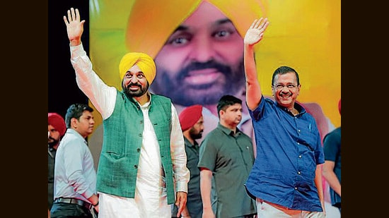 Delhi CM Arvind Kejriwal and Punjab CM Bhagwant Mann during the 'Bijli Andolan' in Panchkula, Haryana, on Sunday. (ANI)