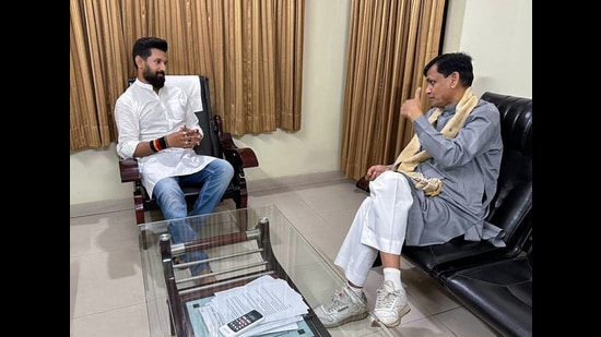 Lok Janshakti Party (Ram Vilas) National President Chirag Paswan during a meeting with Union minister Nityanand Rai, in Patna (Lok Janshakti Party Twitter)