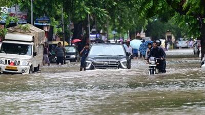 Waterlogging at streets of phase 11 in Mohali on Sunday. (Hindustan Times) Waterlogging at streets of phase 11 in Mohali on Sunday. (Hindustan Times)