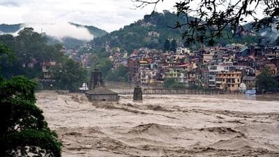 A submerged Panchvaktra Temple in a swollen Beas river in Mandi, Himachal Pradesh. (PTI Photo) A submerged Panchvaktra Temple in a swollen Beas river in Mandi, Himachal Pradesh. (PTI Photo)