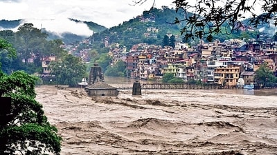 A temple submerged in the swollen Beas river in Himachal Pradesh’s Mandi district on Sunday. (PTI)