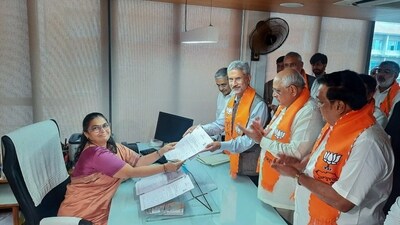 External Affairs Minister Dr S Jaishankar files his nomination for the forthcoming Rajya Sabha elections in the presence of Gujarat CM Bhupendra Patel, in Gandhinagar on Monday. (ANI Photo)