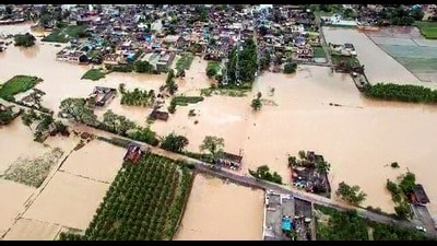 An aerial view of the flood-affected areas of Rupnagar following heavy rainfall, in Rupnagar on Monday. (ANI) An aerial view of the flood-affected areas of Rupnagar following heavy rainfall, in Rupnagar on Monday. (ANI)