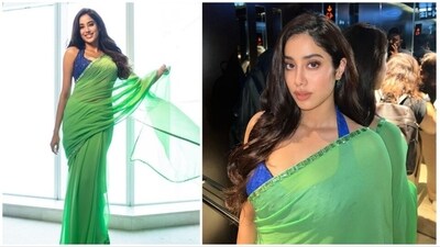 The gorgeous Janhvi Kapoor once again left her fans gasping for air with her jaw-dropping wardrobe pick. She recently attended the trailer launch of her upcoming film Bawaal wearing a green contemporary saree. (Instagram/@janhvikapoor) The gorgeous Janhvi Kapoor once again left her fans gasping for air with her jaw-dropping wardrobe pick. She recently attended the trailer launch of her upcoming film Bawaal wearing a green contemporary saree. (Instagram/@janhvikapoor)