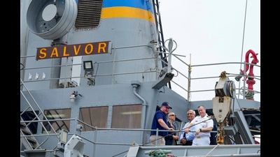 Executive Vice President and Head- Defence IC, L&T, Arun Ramchandani, US Consul General Judith Ravin, The Commanding Officer of the USNS Salvor, Captain Andrew MacLeod (L) and others stand on the USNS Salvor which has been docked at Larsen and Toubro Shipyard at Kattupalli Port for voyage repairs, in Chennai on Monday. (PTI) Executive Vice President and Head- Defence IC, L&T, Arun Ramchandani, US Consul General Judith Ravin, The Commanding Officer of the USNS Salvor, Captain Andrew MacLeod (L) and others stand on the USNS Salvor which has been docked at Larsen and Toubro Shipyard at Kattupalli Port for voyage repairs, in Chennai on Monday. (PTI)