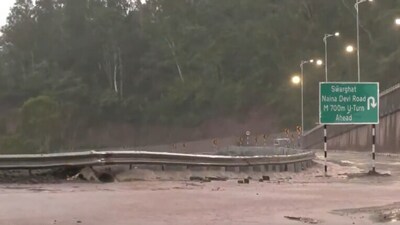 Ongoing rainfall triggers landslides and floods across various areas of Himachal Pradesh. Footage captures the situation on Naina Devi Road near Swarghat. (ANI) Ongoing rainfall triggers landslides and floods across various areas of Himachal Pradesh. Footage captures the situation on Naina Devi Road near Swarghat. (ANI)