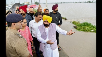 Punjab chief minister Bhagwant Mann takes stock of the relief and rescue measures being conducted at rain-affected areas in the state, on Monday. (PTI) Punjab chief minister Bhagwant Mann takes stock of the relief and rescue measures being conducted at rain-affected areas in the state, on Monday. (PTI)
