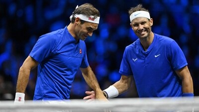 Roger Federer (L) and Rafael Nadal (R) in action. Roger Federer (L) and Rafael Nadal (R) in action.