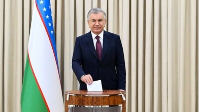 Uzbekistan's President and presidential candidate Shavkat Mirziyoyev votes in the country's presidential election in Tashkent on Sunday. (AFP)