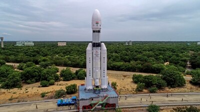The Launch Vehicle Mark-III (LVM3) M4 vehicle with Chandrayaan-3 being moved to the launch pad at Satish Dhawan Space Centre, in Sriharikota, Thursday. (PTI)