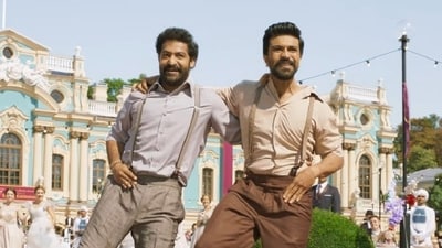Jr NTR and Ram Charan in a still from RRR song Naatu Naatu.