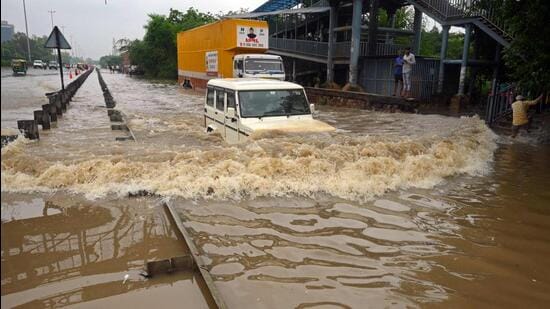 A flooded highway after heavy rains in Gurugram. (AFP)