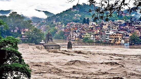 A temple submerged in the swollen Beas river in Himachal Pradesh’s Mandi district on Sunday. (PTI)