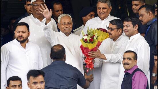 Bihar chief minister Nitish Kumar with deputy CM Tejashwi Yadav and Tej Pratap on the first day of the monsoon session of assembly in Patna on Monday. (PTI Photo)