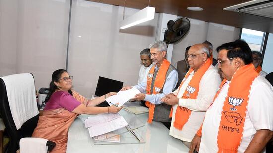 External affairs minister S Jaishankar accompanied by other BJP leaders while filing his nomination papers for the upcoming Rajya Sabha elections, in Gandhinagar on Monday (Agencies)