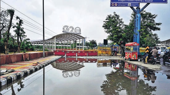 The closed Pragati maidan Tunnel due to water logging and maintenance work after the rain in New Delhi on Monday. (Raj K Raj/HT PHOTO)