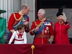 Britain's King Charles, Queen Camilla, Prince William, Catherine, Princess of Wales, Prince George, Princess Charlotte and Prince Louis appear on the balcony of Buckingham Palace.