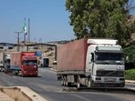The first United Nations aid convoy through the Bab al-Hawa border crossing with Turkey. The first United Nations aid convoy through the Bab al-Hawa border crossing with Turkey.