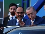 Turkish president Tayyip Erdogan waves as he leaves after his meeting with Swedish prime minister Ulf Kristersson and NATO Secretary-General Jens Stoltenberg.