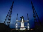 Sriharikota: The Launch Vehicle Mark-III (LVM3) M4 vehicle with Chandrayaan-3 at the launch pad at Satish Dhawan Space Centre after the conclusion of a simulation of the entire launch preparation and process, in Sriharikota.. Sriharikota: The Launch Vehicle Mark-III (LVM3) M4 vehicle with Chandrayaan-3 at the launch pad at Satish Dhawan Space Centre after the conclusion of a simulation of the entire launch preparation and process, in Sriharikota..