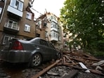 A five-storey residential building partially destroyed after drones attacks in eastern Ukrainian city of Sumy. 
