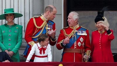 Britain's King Charles, Queen Camilla, Prince William, Catherine, Princess of Wales, Prince George, Princess Charlotte and Prince Louis appear on the balcony of Buckingham Palace. (Reuters)
