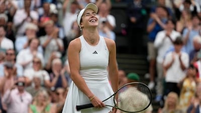 Ukraine's Elina Svitolina celebrates after beating Poland's Iga Swiatek to win their women's singles match on day nine of the Wimbledon tennis championships (AP) Ukraine's Elina Svitolina celebrates after beating Poland's Iga Swiatek to win their women's singles match on day nine of the Wimbledon tennis championships (AP)