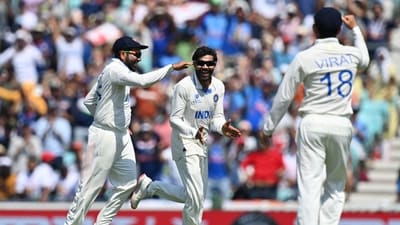 India's Ravindra Jadeja (C) celebrates with India's captain Rohit Sharma (L) and India's Virat Kohli (R) (AFP) India's Ravindra Jadeja (C) celebrates with India's captain Rohit Sharma (L) and India's Virat Kohli (R) (AFP)