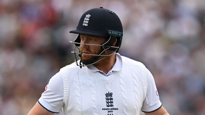 England's Jonny Bairstow reacts as he walks back to the pavilion after losing his wicket for 5 runs on day four of the third Ashes cricket Test match between England and Australia at Headingley (AFP)