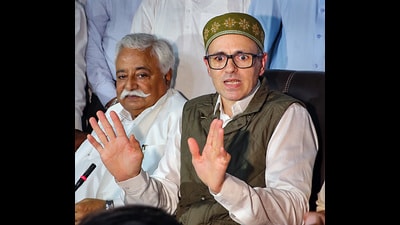 Former chief minister and National Conference vice-president Omar Abdullah addresses a press conference at party office in Jammu on Tuesday. (PTI)