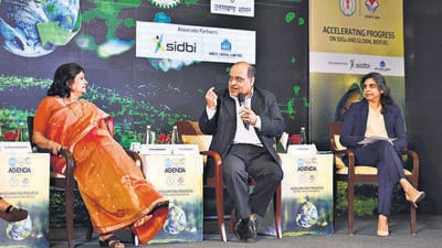 From left: Vibha Dhawan, director general at Energy and Resources Institute; Vikram Gulati, country head & executive vice president at Toyota Kirloskar Motors; and Preeti Jain, global director of policy, chemicals and carbon solution at Lanzatech, during the panel discussion on Tuesday (Hindustan Times) From left: Vibha Dhawan, director general at Energy and Resources Institute; Vikram Gulati, country head & executive vice president at Toyota Kirloskar Motors; and Preeti Jain, global director of policy, chemicals and carbon solution at Lanzatech, during the panel discussion on Tuesday (Hindustan Times)