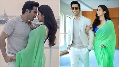 Janhvi Kapoor in chiffon saree dances with Varun Dhawan on Bawaal latest song. (Instagram) Janhvi Kapoor in chiffon saree dances with Varun Dhawan on Bawaal latest song. (Instagram)